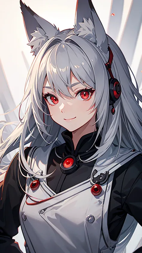 smile, fox ears, wide eyes, red eyes, eye reflection, grey hair, hair behind ear, high detail, anime style, Ghibli-like colours, UHD, accurate, anatomically correct, high details, high quality, HD