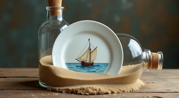 A clear bottle with a cork is placed on a wooden table, on its side. Inside the bottle, theres a white porcelain salad plate with a rim. The plate has a photo of a sailing ship on the water. The bottle is on its side, there is some sand inside too, and the...