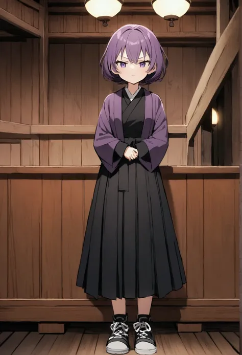 An anime-style medium shot of a 1 woman who is 151cm tall. She has short, messy purple hair and purple eyes. She wears a black tunic with a red cloud in the center, a dark purple jacket with long sleeves, and a hakama. She also wears skate shoes. She has a...