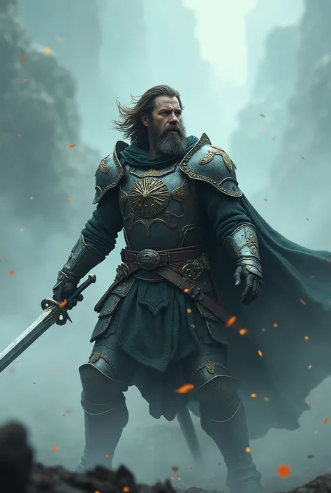 Male; short brown Beard; Medium-length brown hair; fantasy; longsword; magic; armour; middle-aged; fog; in battle; casting a spell with fog;