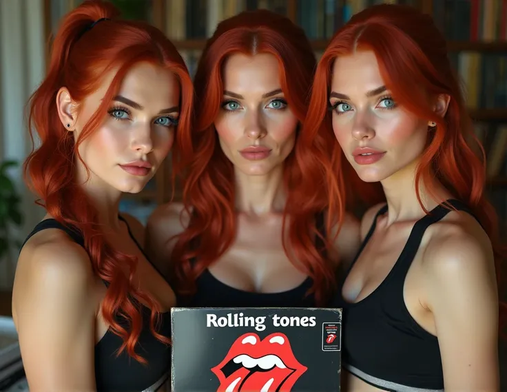 a 3 woman, hyperrealistic, high quality, beautiful, elegant, red head, nose piercing, blue eyes, in training clothes, in her living room, with his vinyl collection, font shot, frontal position, full body shot, holding the cover of a rolling stones LP