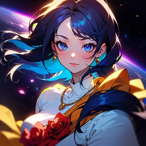 Close-up of a woman with rich and colorful hair and necklace, Space hair anime, Rose Rose&#39;s gentle vitality, Artwork inspired by Goubes, Fantasy art style, rich and colorful], Vivid fantasy style, Ross drew vivid cartoons, cosmic and rich and colorful,...