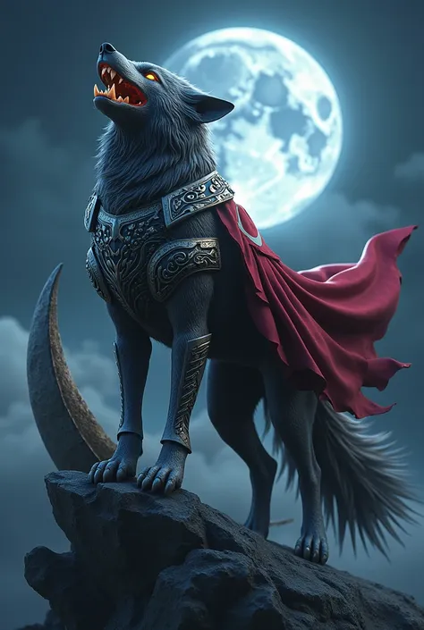 A wolf with armor on top of the moon on its back with a cape and the flag of Azerbaijan is howling, the flag of Azerbaijan should be clear.