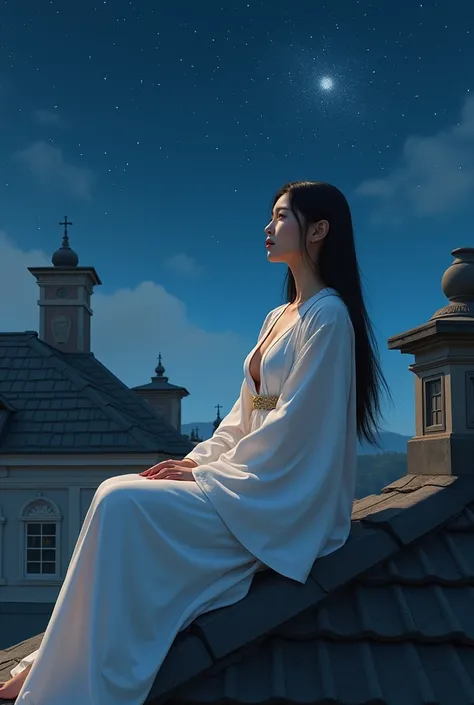 Young woman,Twenty-nine years old, Asian face, long black hair, Skin as white as snow, Wearing a white monk&#39;s robe, revealing her legs, Big chest, Thin waist, Big butt,Sleep on the roof of a Victorian house and watch the stars at night., Painting style...