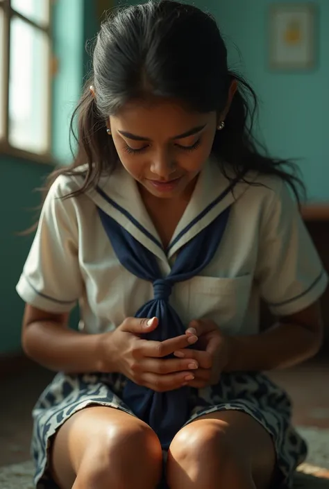 A highly detailed, realistic photo of a  Sri Lankan school girl in a detailed school uniform, highly detailed tightly press her vagina with pain, highly detailed hurrying to pee with a painfully desperate expression, highly detailed pee going down her legs...