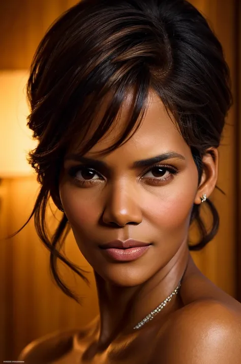 a beautiful halle berry exquisite detailed facial features, high cheekbones, full lips, long lashes, glamorous hairstyle, flawless skin, elegant pose, dramatic lighting, cinematic camera angle, high fashion editorial, editorial style, vibrant colors, gloss...