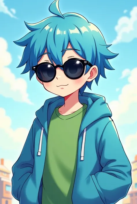 make a cartoon anime boy charecter were green shirt and were Sky blue hoodie and were black sunglass and sky blue hair 