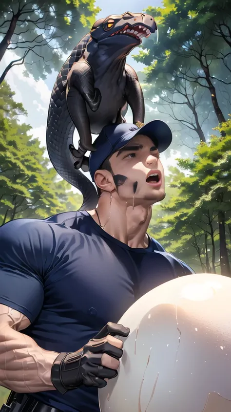 (Handsome man looks up with torn clothes:1.3), (Thin mustache:0.8), alone,(Buzz cut:1.1), (navy blue tight-fitting round neck short sleeve T-shirt:1.3),(Police badge:1.3),navy blue cargo pants,(navy_gloves:1.3),,chest muscles,large arm muscles,blood vessel...