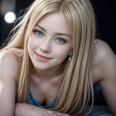 1 , 独奏, high resolution, looking at the viewer], blue colored eyes, hair blonde, aretes, laughter, slightly-smile, evil smirk, seducing smile, simple background, Depth of field, 