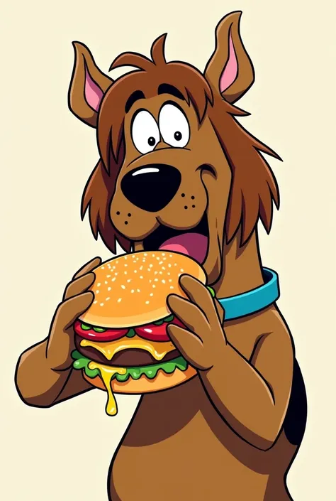 make shaggy, he is hungry, he is eating a hamburger,