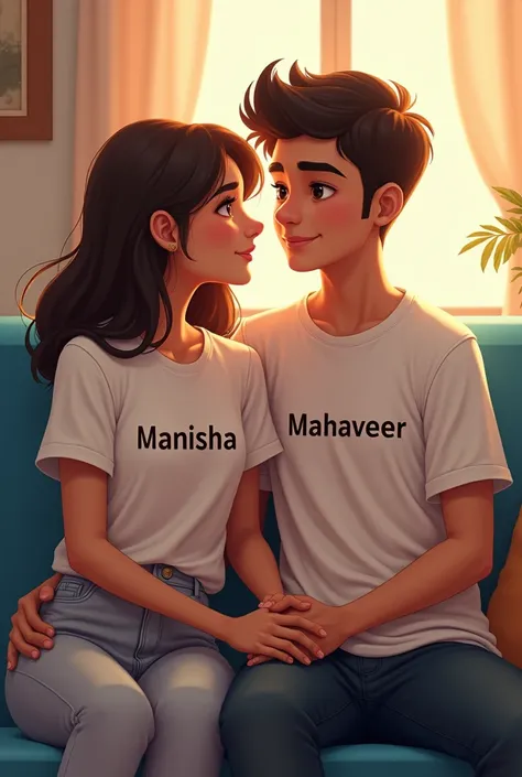 A handsome -18yr boy beautiful 18yr girl wearing white t-shirt blackpant and sitting on blue fortunar aboy hold girl hand (mahaveer on boy t-shirt and Manisha on girl wearing t-shirt)