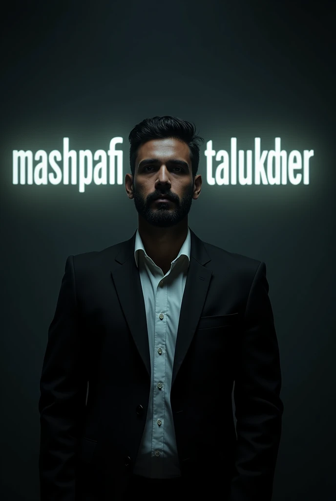 Create a highly realistic portrait of a  Bangladeshi man named mashrafi talukder, standing in a dark room. He is wearing a blackblazer and a white shirt. The lighting should be dramatic, focusing on his handsome face with a light stubble, giving him a rugg...