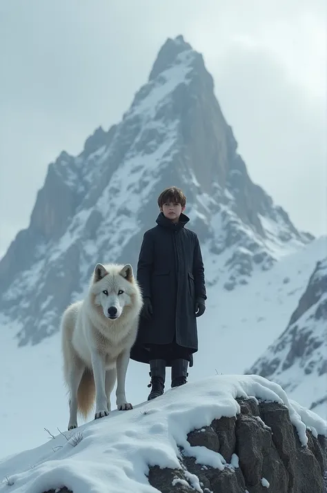 A boy standing on the mountain wearing full black outfit with the white wolf beside him