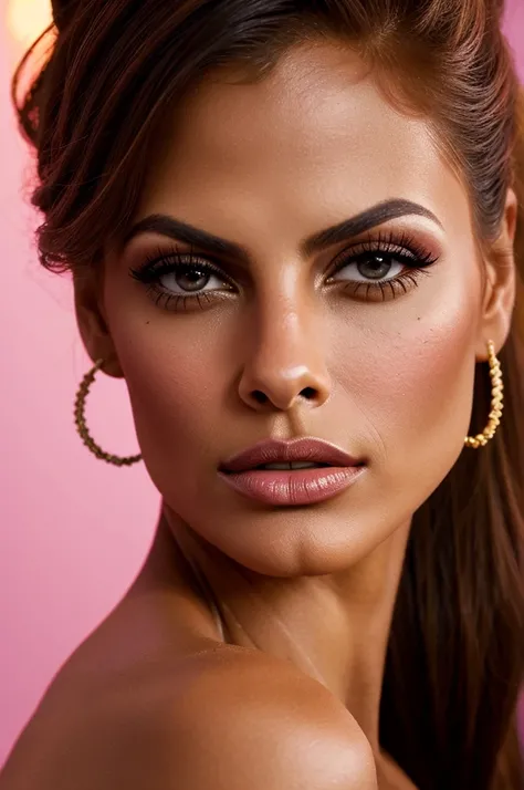 a beautiful eva mendes exquisite detailed facial features, high cheekbones, full lips, long lashes, glamorous hairstyle, flawless skin, elegant pose, dramatic lighting, cinematic camera angle, high fashion editorial, editorial style, vibrant colors, glossy...