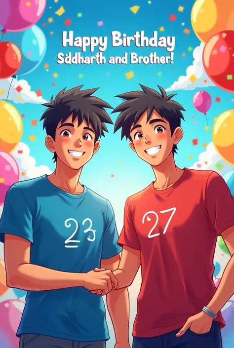 Heres a paragraph you can send to the AI image generator:

"Create a birthday wish anime picture 
for Siddharth Nigam age 23 and his brother Abhishek Nigam age 27 . The image should feature both brothers smiling and surrounded by colorful balloons and conf...