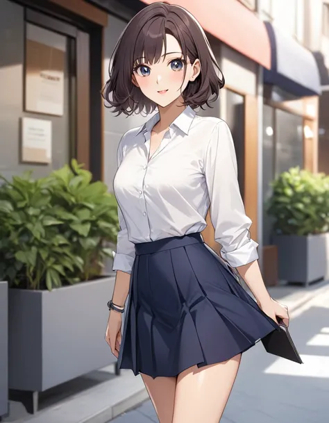 1girl, career woman in her 30s, short permed hair, navy skirt,