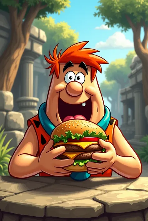 Fred Flintstone eating a hamburger