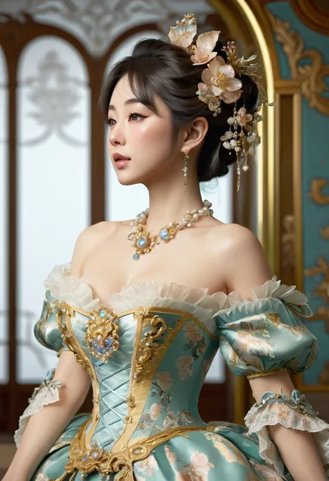 Sexy Japanese woman in rococo style。Gorgeous decoration。solo, High resolution, chest, Character profile, Highest quality, 8k octane, Glass Shape, 