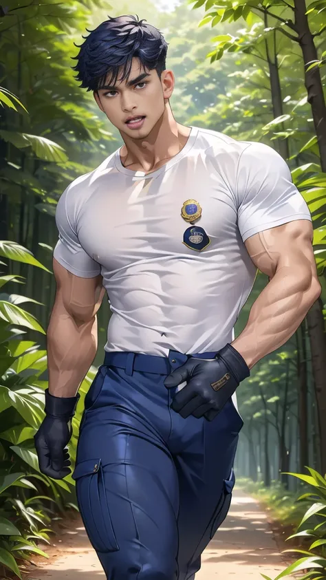 หนุ่มหล่อopen mouthกว้าง, (Thin mustache:0.8), alone,(Buzz cut:1.1), (navy blue tight-fitting round neck short sleeve T-shirt:1.3),(Police badge:1.3),navy blue cargo pants,(navy_gloves:1.3),,chest muscles,large arm muscles,blood vessel,big muscles,Broad sh...