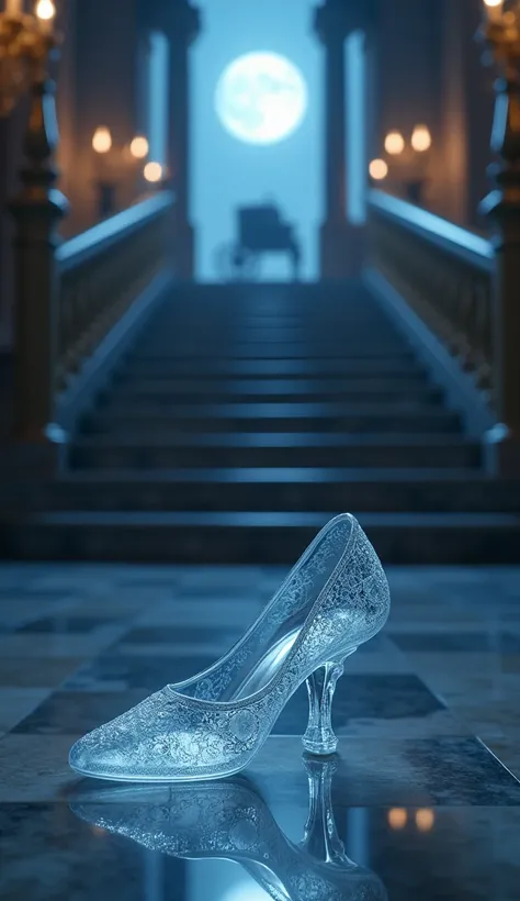 Cinderellas glass slipper left behind: "A single glass slipper lies on the grand staircase of the palace, glistening under the moonlight as the carriage disappears in the distance."
