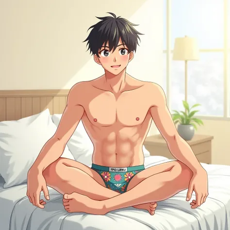 anime, man in underpants sitting on the bed