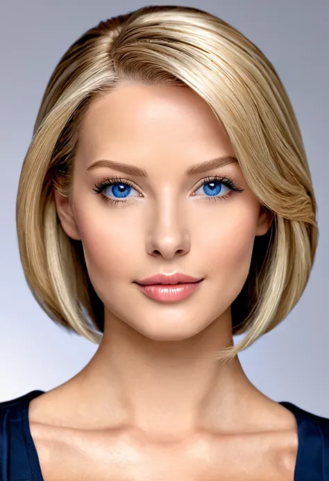 Create a realistic image of a female AI of approximately 2. She must have blonde hair, smooth and well combed, with a natural tone. His eyes are clear and deep blue, with a confident and welcoming look. Skin should have a healthy tone and smooth texture, w...