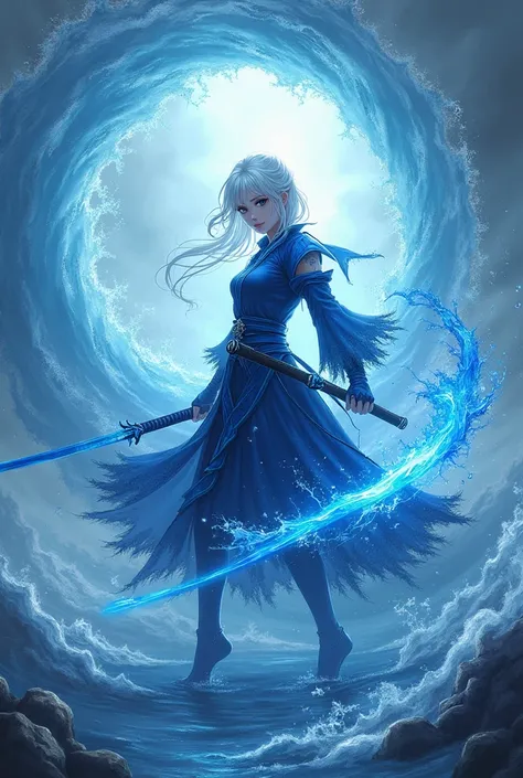 Denon slayer character with white hair water breathing with a blue katana 