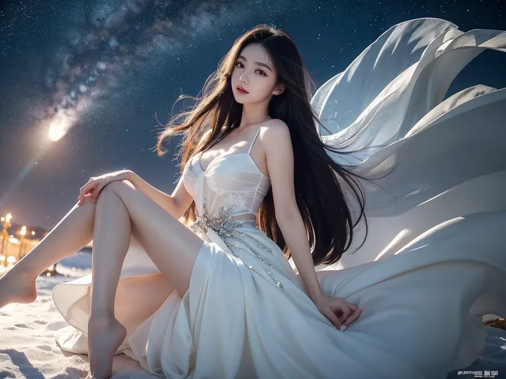 Romantic Rose White Dress 2, Deep in Wonderland，The moonlight falls like water，foggy room，The figure of the heroine is vaguely visible，Just like the fairy in the painting，Slender sexy legs，Very beautiful legs，Show sexy，Large Breasts，Beautiful with a hint o...