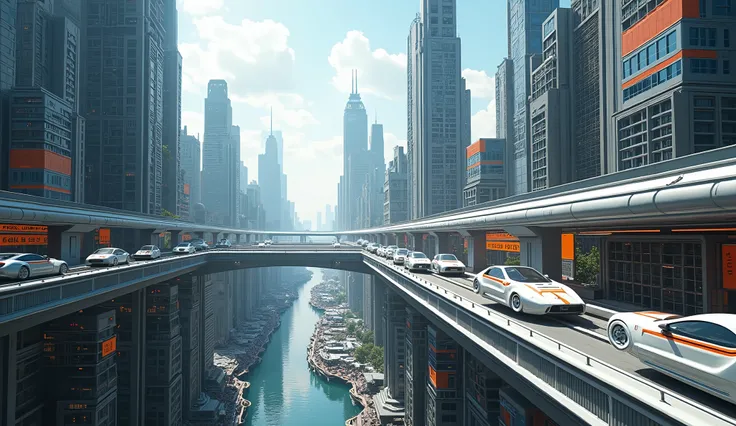 In the future, an overhead walkway is built between buildings in Chinese cities, with high rise skyscrapers on both sides of it and vehicles running above them. The scene has a birds eye view and a futuristic, sci fi style. Bright colors, daylight, bright ...