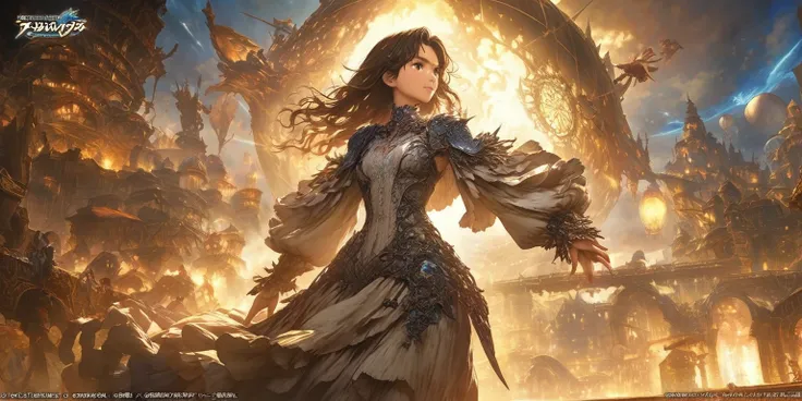 organic cyborg, Soft lighting, Fantasy, Elaborate, elegant, Advanced Details, Art by Yoshitaka Amano, Anime girl looking at the sky, navigation, Big airship in the background, グランブルーFantasy, Casciato krenz key art feminine, Official Art, Official Artwork, ...