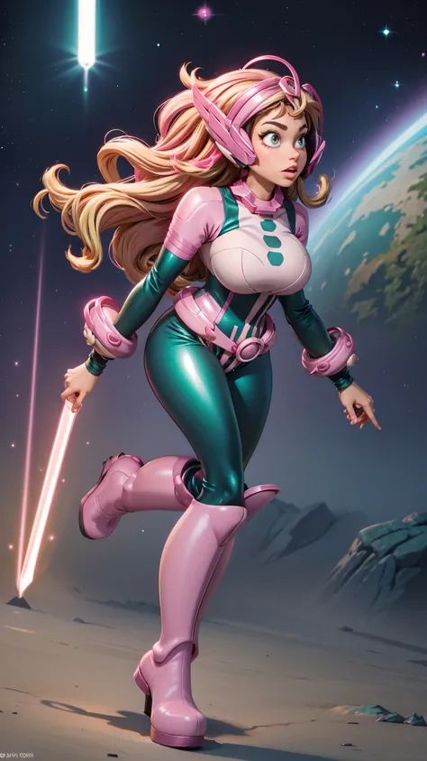 A beautiful sexy space girl with big breasts and long curly pink hair, her light green eyes are wearing a pink helmet with green protection, she is wearing a pink metallic corset with long sleeves and a black metallic thong, wearing long blue socks with a ...