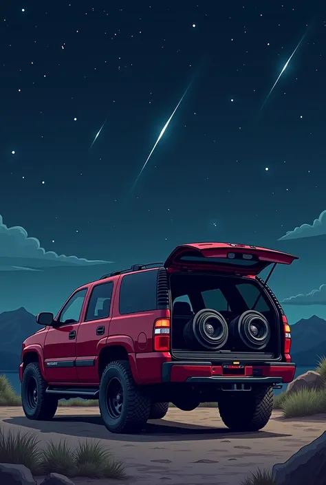 Maroon 2000 chevy tahoe trunk open with two subwoofers installed rear view night sky shooting star in cell shaded style 