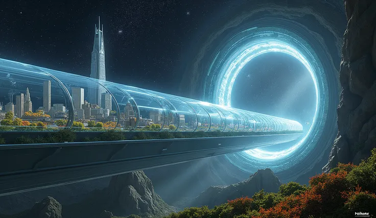 A massive, winding space tunnel floating in the vastness of the outer cosmos as it glides through stars and galaxies. The tube is made of glass with futuristic green gardens growing on its sides. In one part, theres an advanced city that resembles forests,...