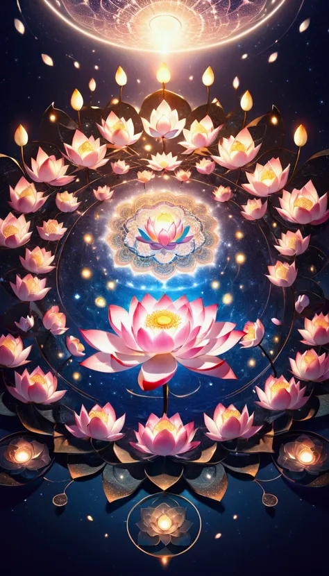 A mandala in the shape of many lotus flowers spread across the universe, very delicate, fractal, symmetry,There are many Buddhas around lotus, glowing in the dark