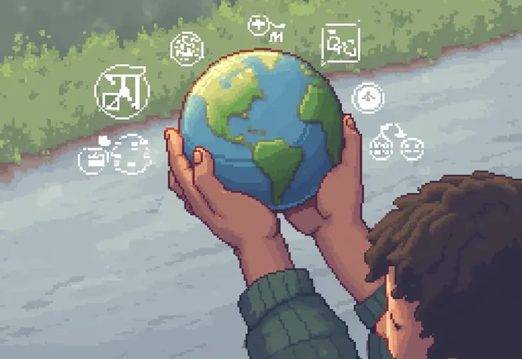 Make a pixel art based on a student holding the earth and besides him are environmental awareness symbols or signs