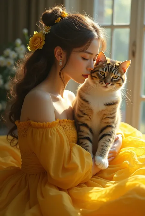 beautiful cat with a woman dressed in yellow
