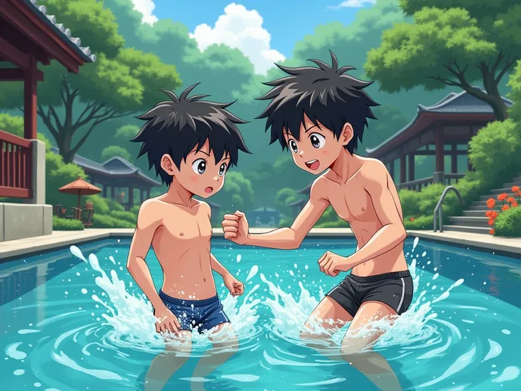 Pool Boys Playing Around Japanese Short Hair Naughty Friends 2 Elementary School Students Trunks Poolside