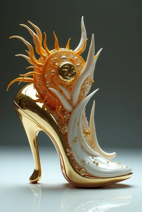 Can you make me a shoe that is inspired by the shape of the sun and the moon?, that it is an exaggerated design, very creative,  avant-garde