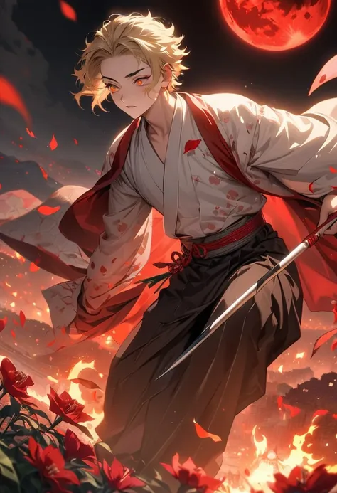 absurderes, high resolution, ultra detailed, HDR, Masterpiece artwork, best qualityer, picking up a spear, Medium blonde hair with red highlights, expressive orange eyes, Kimetsu no Yaiba, 1 men, bonitas, red petals, red lilies, red moon, flames 