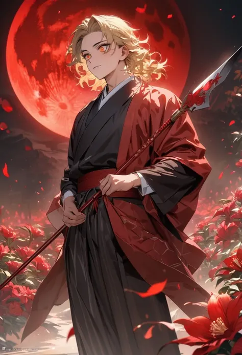 absurderes, high resolution, ultra detailed, HDR, Masterpiece artwork, best qualityer, picking up a spear, Medium blonde hair with red highlights, expressive orange eyes, Kimetsu no Yaiba, 1 men, bonitas, red petals, red lilies, red moon, flames 