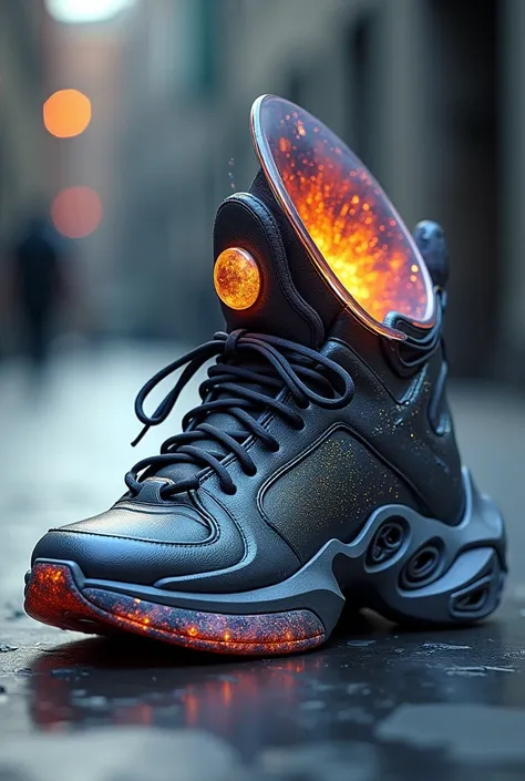 Can you make me an urban sneaker that is inspired by the shape of the sun and the moon?, that it is an exaggerated design, very creative,  avant-garde