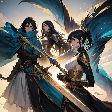 a fantasy book cover, 3 main characters, 1 male with large sword, 1 female with regular sword, 1 female with bow, detailed characters, intricate background, epic fantasy style, dramatic lighting, cinematic composition, dramatic poses, intense atmosphere, v...