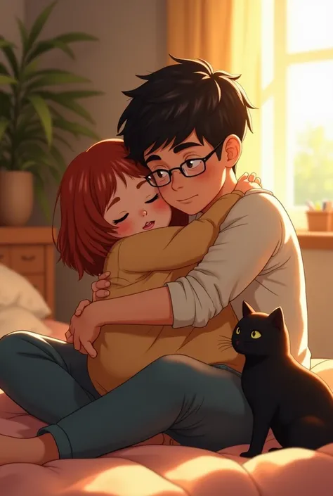 Boy with glasses hugging his chubby girlfriend with medium reddish hair next to his black cat
