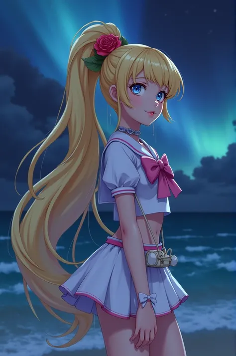 Make a Live Action version of Cure Summer from Tropical Rouge Precure in Dark Fantasy Style 1980. She has blonde hair in a giant ponytail and a small dark pink gradient in her hair and small light blue details on the edges of her bangs. She has a white nec...