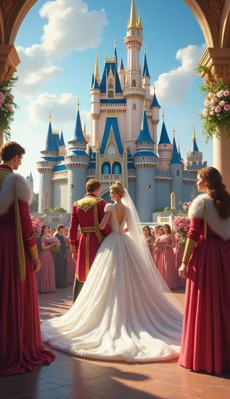 Cinderella and the prince get married: "Cinderella, now in a beautiful wedding gown, stands next to the prince in a grand royal wedding, with cheering crowds and a magnificent castle in the background."
