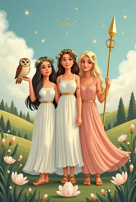 Artemis Athena and Aphrodite together in a cute drawing, owlship, spear and shield, bow and arrow, seashell