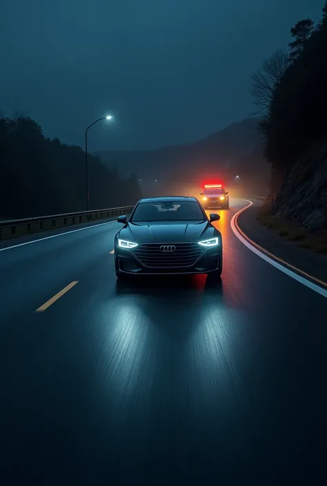 A car on the road at night with a clean and clear look, illuminated by the headlights of a relief vehicle.