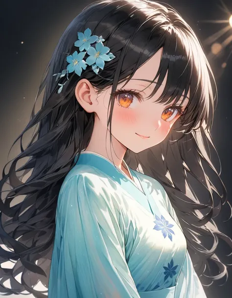 (SuperQuality:1.0) ~ (SuperQuality:1.2), A shy yet affectionate girl, petite frame, long straight black hair with slight curls at the tips, wearing a pastel-colored dress with soft textures, large gentle amber eyes, soft oval face with slightly rounded che...