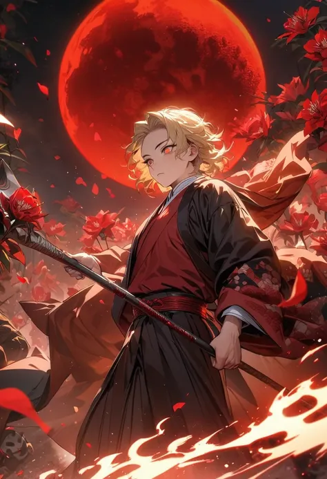 absurderes, high resolution, ultra detailed, HDR, Masterpiece artwork, best qualityer, picking up a spear, Medium blonde hair with red highlights, expressive orange eyes, Kimetsu no Yaiba, 1 men, bonitas, red petals, red lilies, red moon, flames 