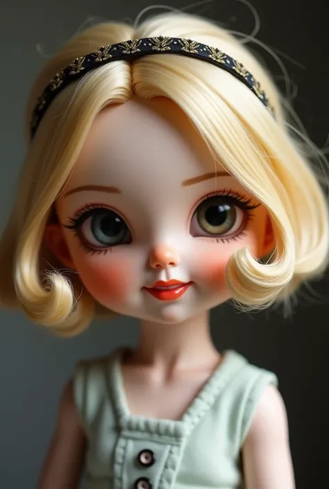 Bisque doll facing forward。Blonde。Bob。Wave。Hairbands。Sharp eye corners。Strong-minded personality。smile。bangs。Thin face。Hairbands。Sharp, not puffy cheeks
